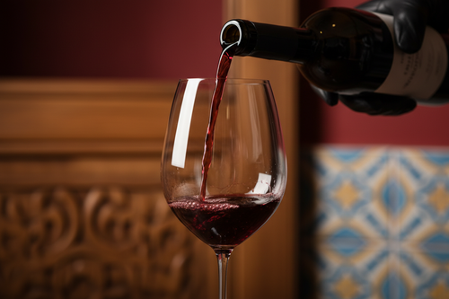 Una botella de vino tinto sirviéndose en una copa de vino. Una mano con guante negro sirviendo la copa de vino. Un enfoque a la copa de vino y difumado la botella de vino. El fondo debe ser rojo y madera.