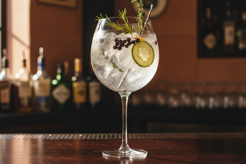 Una copa de balón con hielo, ginebra y tónica. La copa debe estar fría y decorada como si fuera un gin tonic servido desde un bar de copas. 